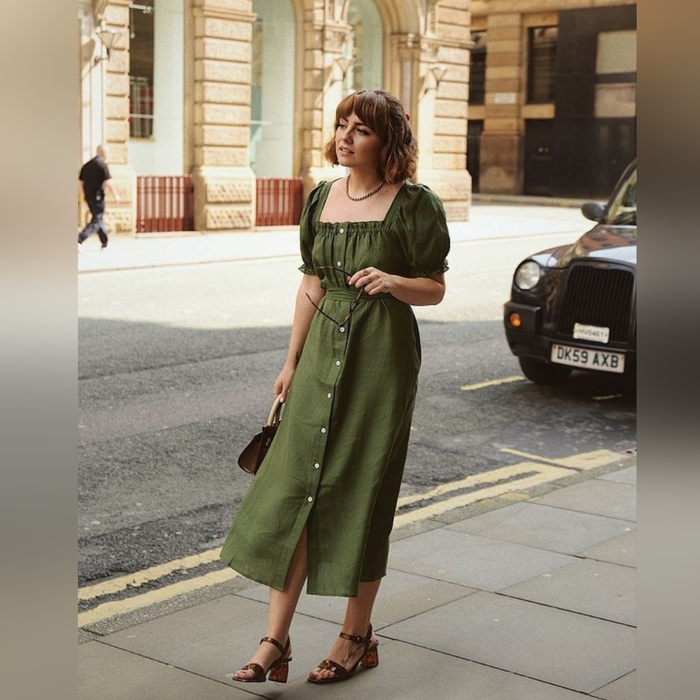 Sleeper 100% linen the Brigitte dress in olive green, small